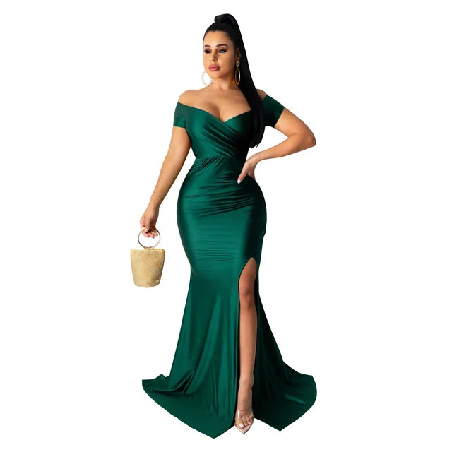 Fall Winter Women Off Shoulder Plunging V-neck High Side Split Mermaid Maxi Dress Sexy Night Party Club Long Dresses