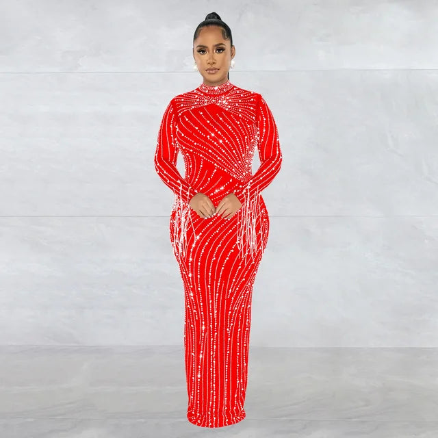 Women Mesh Tassel Long Sleeve Diamonds Hot Rhinestones Bodycon Midi Maxi Long Dress and Tank Inner Dresses 2piece Suit