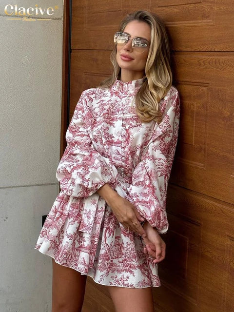 Casaul Loose Print Women'S Dress Fashion Stand Collar Puff Sleeve Mini Dresses Elegant Lace-Up Pleated Female Dress