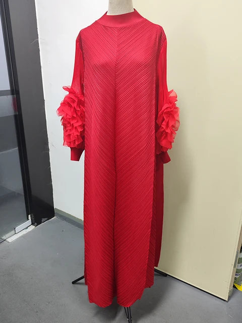 Maxi Pleated Dress Round Neck Spliced Full Sleeve Dresses For Women
