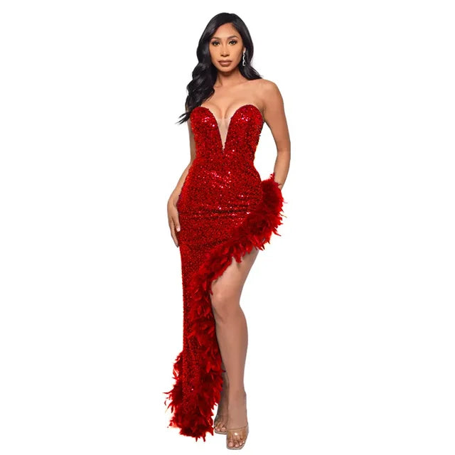 Women Sequined Strapless Feather High Side Split Strapless Bodycon Midi Maxi Dress Sexy Club Evening Party Dresses Night Lady