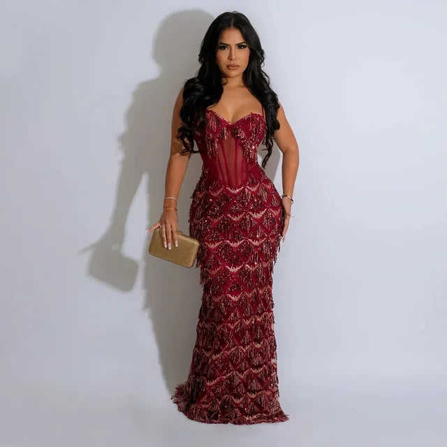 Women Sequined Spaghetti Stap Mesh Patchwork Tunic Bodycon Midi Maxi Dress Sexy Club Evening Party Night