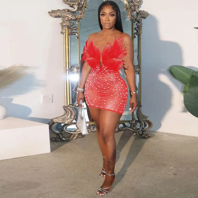 Women Diamonds Hot Rhinestones Feather Mesh Strapless Plunging V-neck Bodycon Midi Dress Sexy Party Evening Dresses