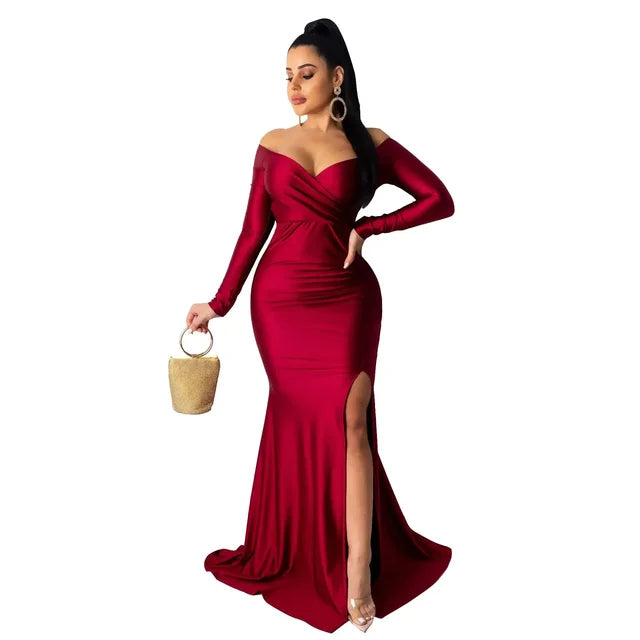 Fall Winter Women Off Shoulder Plunging V-neck High Side Split Mermaid Maxi Dress Sexy Night Party Club Long Dresses
