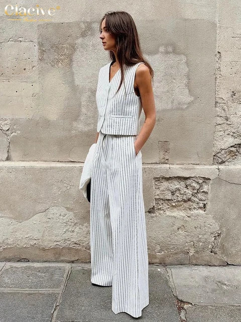 Office Lady Stripe Print Pants Sets For Women 2 Pieces Elegant Sleeveless Tank Top With High Waist Wide Trousers Suits