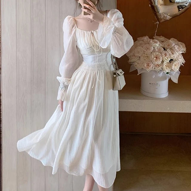 White O-Neck Lantern Sleeve Midi Dresses for Women Elegant Party Holiday Backless Prom Bodycon Dress Summer