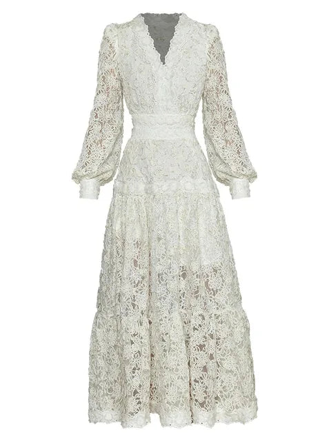 Women Fashion Designer Fall Dress V-neck Lantern Sleeves 3D Embroidered Flower Vintage Party Dresses