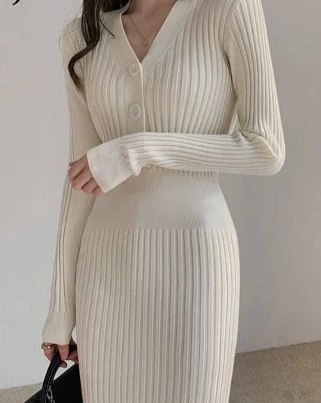 Knitted Long Sleeve Dresses Women Bodycon Dress Lady Winter Buttons V Neck Sweater