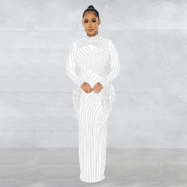 Women Mesh Tassel Long Sleeve Diamonds Hot Rhinestones Bodycon Midi Maxi Long Dress and Tank Inner Dresses 2piece Suit