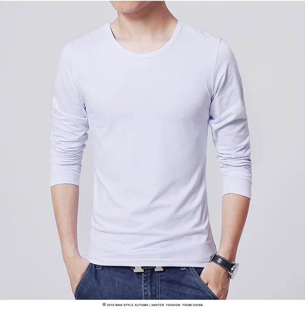 Men's T-Shirts Long Sleeve Slim Men T-Shirt Young Man Pure Color Tops Tees Shirt O-Neck For Male Boys Tshirt