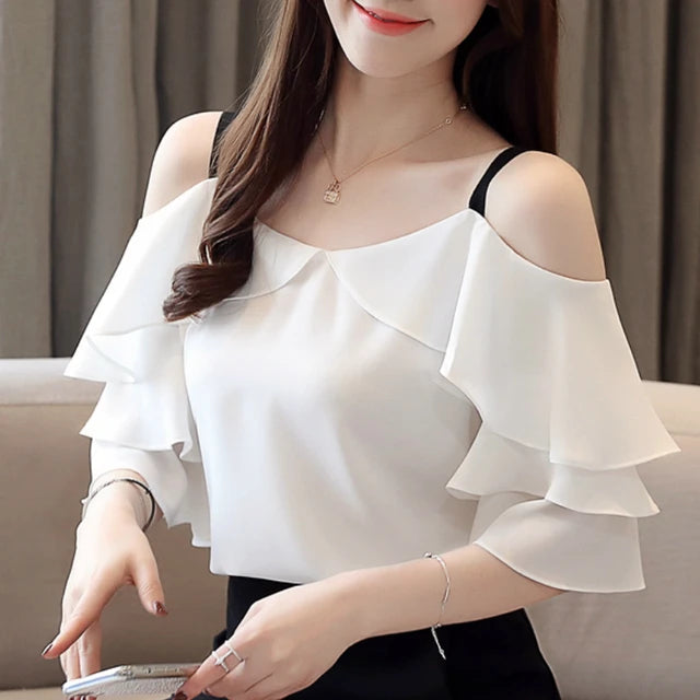 Fashion Blouses Woman Off Shoulder Top White Chiffon Tops And Blouses
