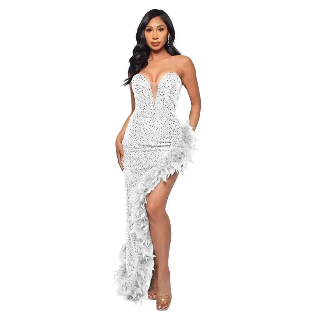 Women Sequined Strapless Feather High Side Split Strapless Bodycon Midi Maxi Dress Sexy Club Evening Party Dresses Night Lady