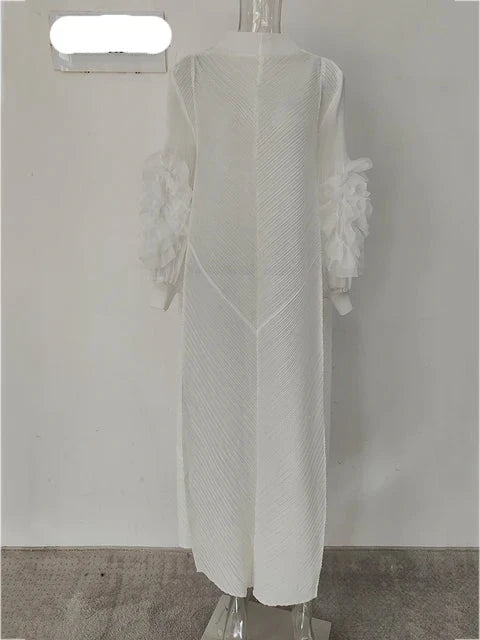 Maxi Pleated Dress Round Neck Spliced Full Sleeve Dresses For Women