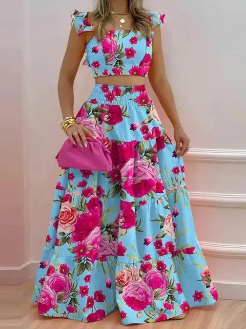 Women Two Pieces Beachwear Elegant Ruffles Sleeve Beach Dresses Leaf Print White Long Dress High Waist