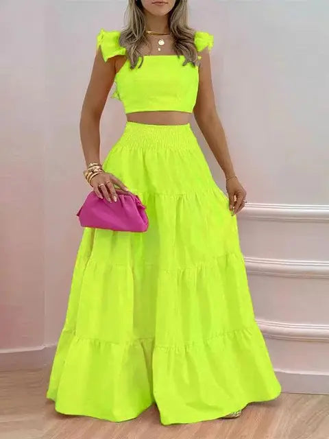 Women Two Pieces Beachwear Elegant Ruffles Sleeve Beach Dresses Leaf Print White Long Dress High Waist