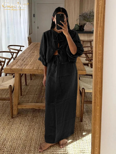 Casual Loose Khaki Cotton 2 Piece Sets Women Outfit Fashion Puff Sleeve Lace-Up Shirt With High Waist Long Skirts Set