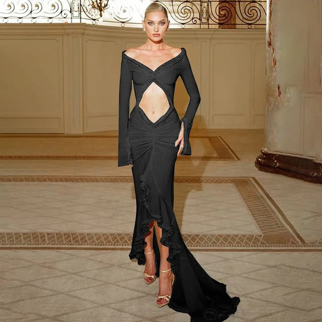 Deep V Neck Sheer Dress For Women Elegant Slim Hollow Out Dress Femme Holiday Beach Sexy Ruffle Slit Evening Ladies