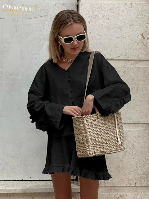 Fashion Beige Linen 2 Piece Sets Women Outfit Long Sleeve Shirts With High Waist Ruffle Shorts Set Female