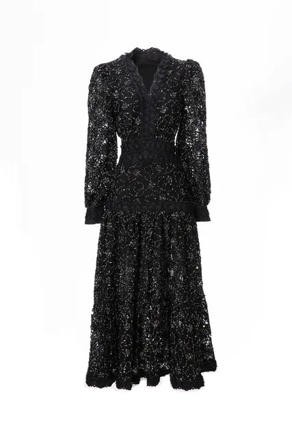 Women Fashion Designer Fall Dress V-neck Lantern Sleeves 3D Embroidered Flower Vintage Party Dresses