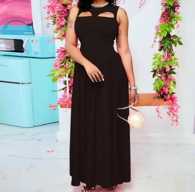 Summer Sleeveless Sweet Cute O-Neck Hollow Out Floor-Length Long Women Dress Beach Streetwear Maxi Dresses