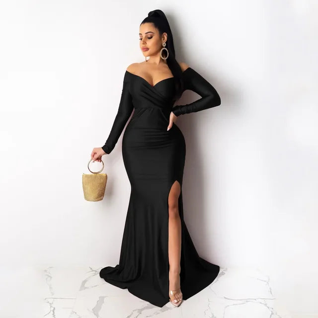 Fall Winter Women Off Shoulder Plunging V-neck High Side Split Mermaid Maxi Dress Sexy Night Party Club Long Dresses