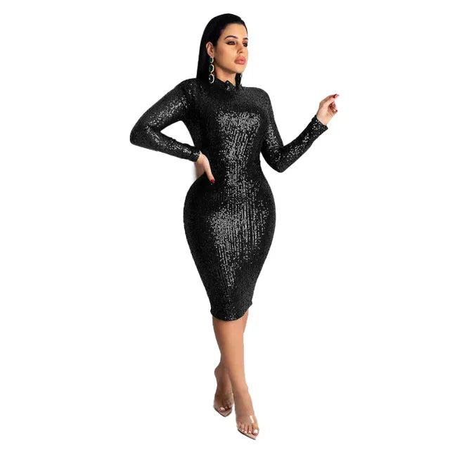 Spring Winter Dress Women Sequined Sexy Full Sleeve Bodycon O-Neck Night Club Party Street Bandage Midi Pencil Dresses