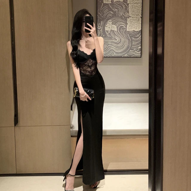 Sexy Black Lace Prom Maxi Dress Women Hollow Out Split Bodycon Camisole Dresses Evening Party Club