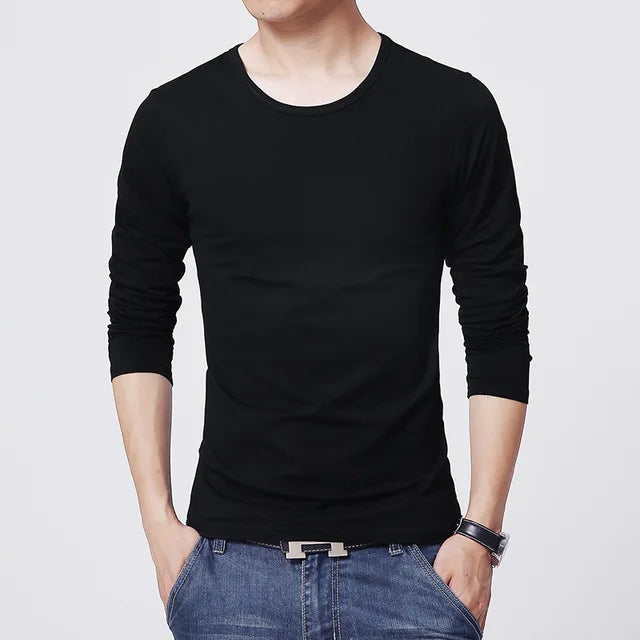 Men's T-Shirts Long Sleeve Slim Men T-Shirt Young Man Pure Color Tops Tees Shirt O-Neck For Male Boys Tshirt