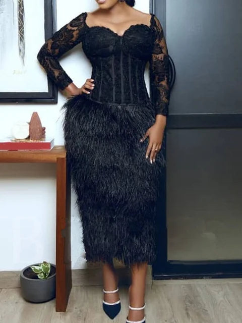 Fall Winter Black Faux Fur Midi Dresses Long Sleeve Sweetheart Neck Off Shoulder Wrap Bodycon Corset Dress Club Party Night Gown