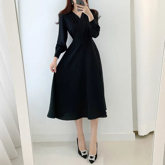 Office Lady V-neck Puff Sleeve A-line Maxi Dresses for Woman Solid Color Midi Office Dresses Elegant Spring