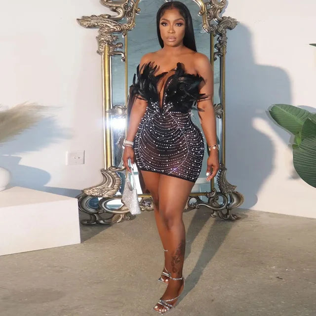 Sexy Club Party Night Feathers Rhinestones Birthday Dresses for Woman Elegant Backless Diamond Sheer Mesh Bodycon Dress Vestidos Green / XXL Sexy Club Party Night Feathers Rhinestones Birthday Dresses for Woman Elegant Backless Diamond Sheer Mesh Bodycon Dress Vestidos Green / XXL
