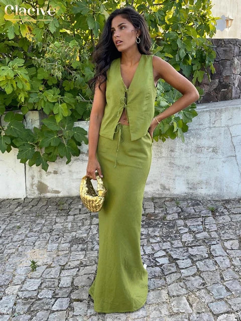 Green Cotton 2 Piece Sets Women Outfit 2024 Summer Sleeveless Tank Top With Mid Waist Long Skirts Set Female