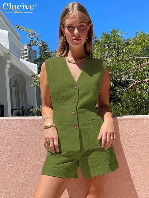 Summer Slim Khaki Linen 2 Piece Sets Women Outfit Fashion Sleeveless Tank Top With High Waist Shorts Set Female