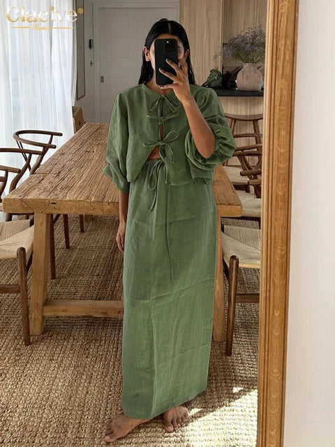 Casual Loose Khaki Cotton 2 Piece Sets Women Outfit Fashion Puff Sleeve Lace-Up Shirt With High Waist Long Skirts Set