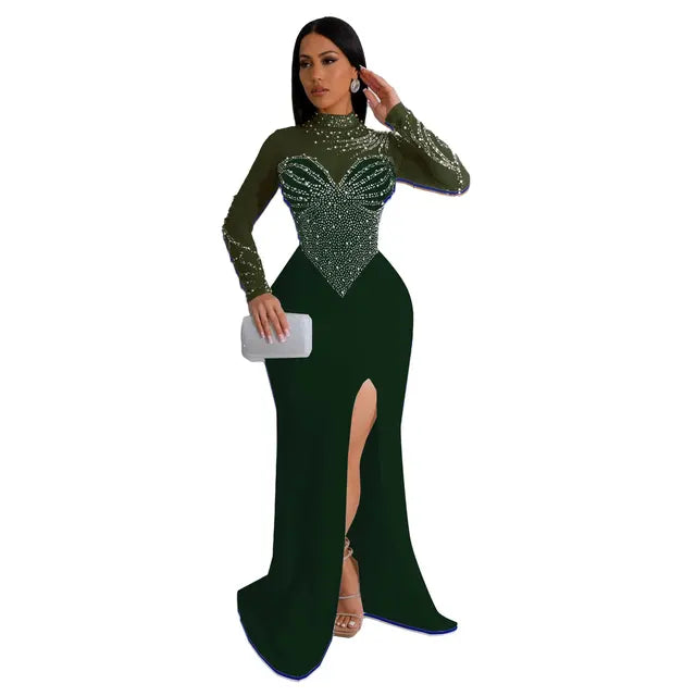 Women Long Sleeve Diamonds Hot Rhinestones High Side Split Mermaid Midi Maxi Dress Sexy Party Dresses