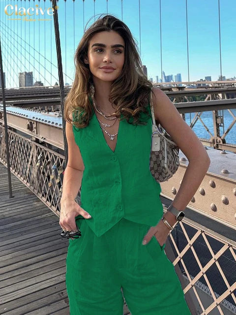 Office Lady Linen Two Piece Set For Women 2024 Fashion Sleeveless Tank Top New In Matching High Waist Wide Pants Set