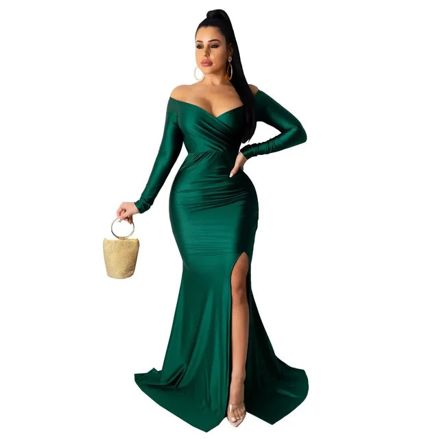 Fall Winter Women Off Shoulder Plunging V-neck High Side Split Mermaid Maxi Dress Sexy Night Party Club Long Dresses