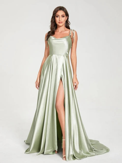 Mint Green Bridesmaid Dresses Side Slit Backless Gown Long Satin Summer Evening Dress For Women