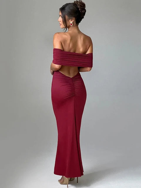 Strapless Backless Sexy Maxi Dress For Women Black Solid Off-shoulder Sleeveless Bodycon Club Party Long Dress Elegant
