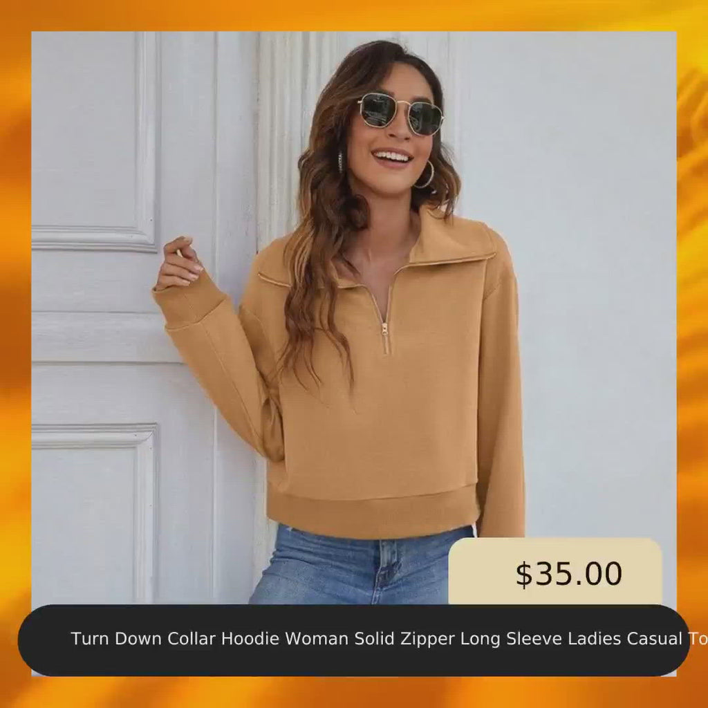 Turn Down Collar Hoodie Woman Solid Zipper Long Sleeve Ladies Casual Tops Spring Fall Fashion Pullover Female Sweatshirt| by@Vidoo