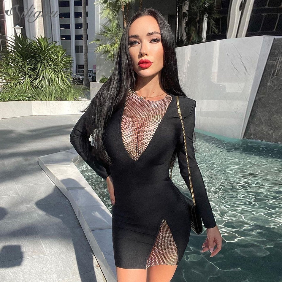 Summer Ladies Dress Sparkling Crystal Cutout Fishnet Design Long Sleeve Club Bandage Black Mini Dress Blue / XL