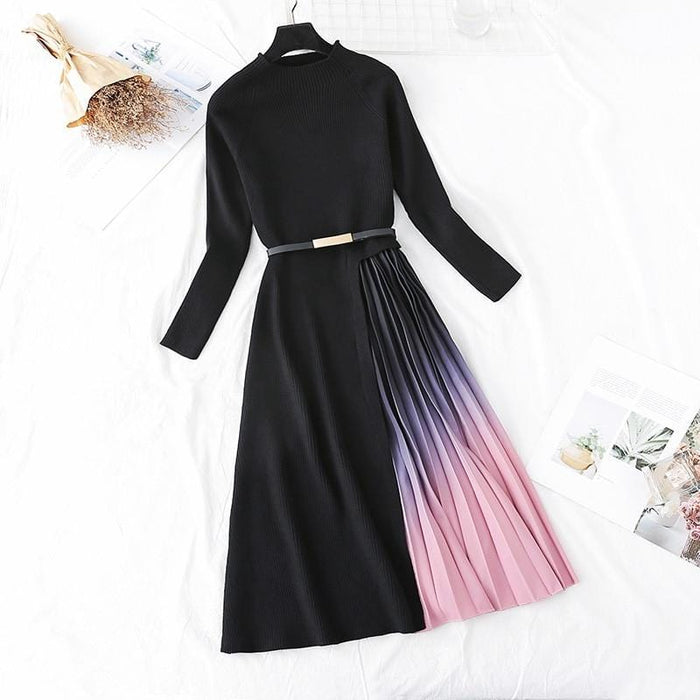 Fall Winter Elegant Knitted Patchwork Gradient Pink Pleated Dress Women Long Sleeve Office One Piece Sweater Dress With Belt Fall Winter Elegant Knitted Patchwork Gradient Pink Pleated Dress Women Long Sleeve Office One Piece Sweater Dress With Belt