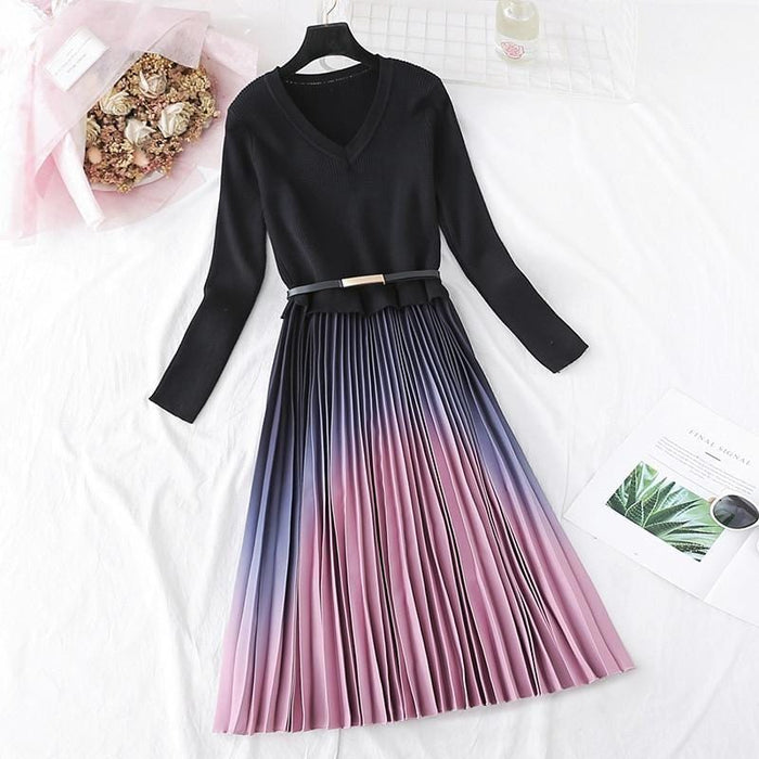 Fall Winter Elegant Knitted Patchwork Gradient Pink Pleated Dress Women Long Sleeve Office One Piece Sweater Dress With Belt Fall Winter Elegant Knitted Patchwork Gradient Pink Pleated Dress Women Long Sleeve Office One Piece Sweater Dress With Belt