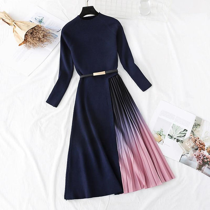 Fall Winter Elegant Knitted Patchwork Gradient Pink Pleated Dress Women Long Sleeve Office One Piece Sweater Dress With Belt Fall Winter Elegant Knitted Patchwork Gradient Pink Pleated Dress Women Long Sleeve Office One Piece Sweater Dress With Belt