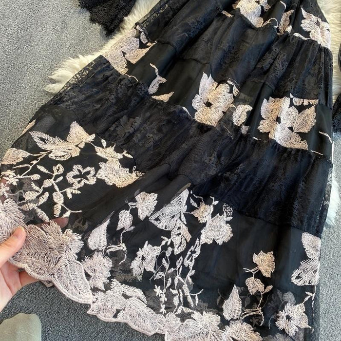 Dresses Fashion Runway Dress Spring Fall Women's Dress O Neck Flare Sleeve Flowers Embroidery Elegant Lace Long Dresses AwsomU