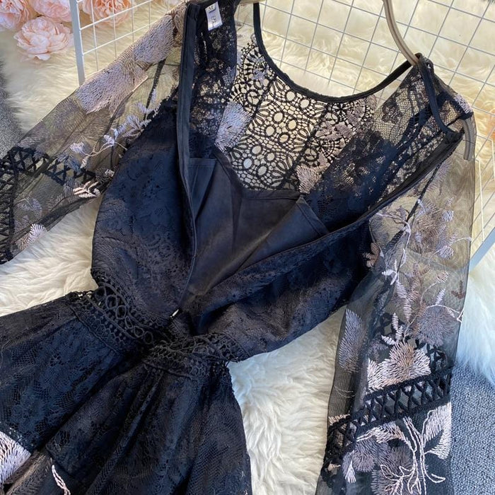 Dresses Fashion Runway Dress Spring Fall Women's Dress O Neck Flare Sleeve Flowers Embroidery Elegant Lace Long Dresses AwsomU