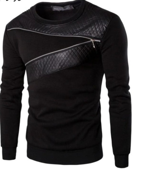 Men's Sweater DIMUSI Leather Patchwork Hoodies Men Zipper Decoration Long Sleeve Sweatshirt AwsomU