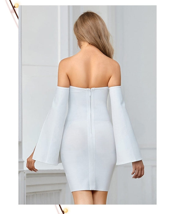 Dresses Women Off Shoulder Long Sleeve Bandage Dress Sexy Hollow Out White Mini Club Celebrity Runway Party Dress|Dresses| AwsomU