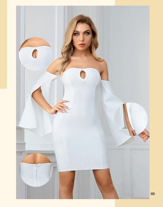 Dresses Women Off Shoulder Long Sleeve Bandage Dress Sexy Hollow Out White Mini Club Celebrity Runway Party Dress|Dresses| AwsomU