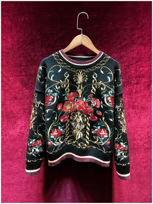 Pullovers Svoryxiu High Quality Wool Blend Pullover Sweater Women's luxury Floral Embroidery Autumn Winter Runway Thick Knitting Jumper|Pullovers| AwsomU
